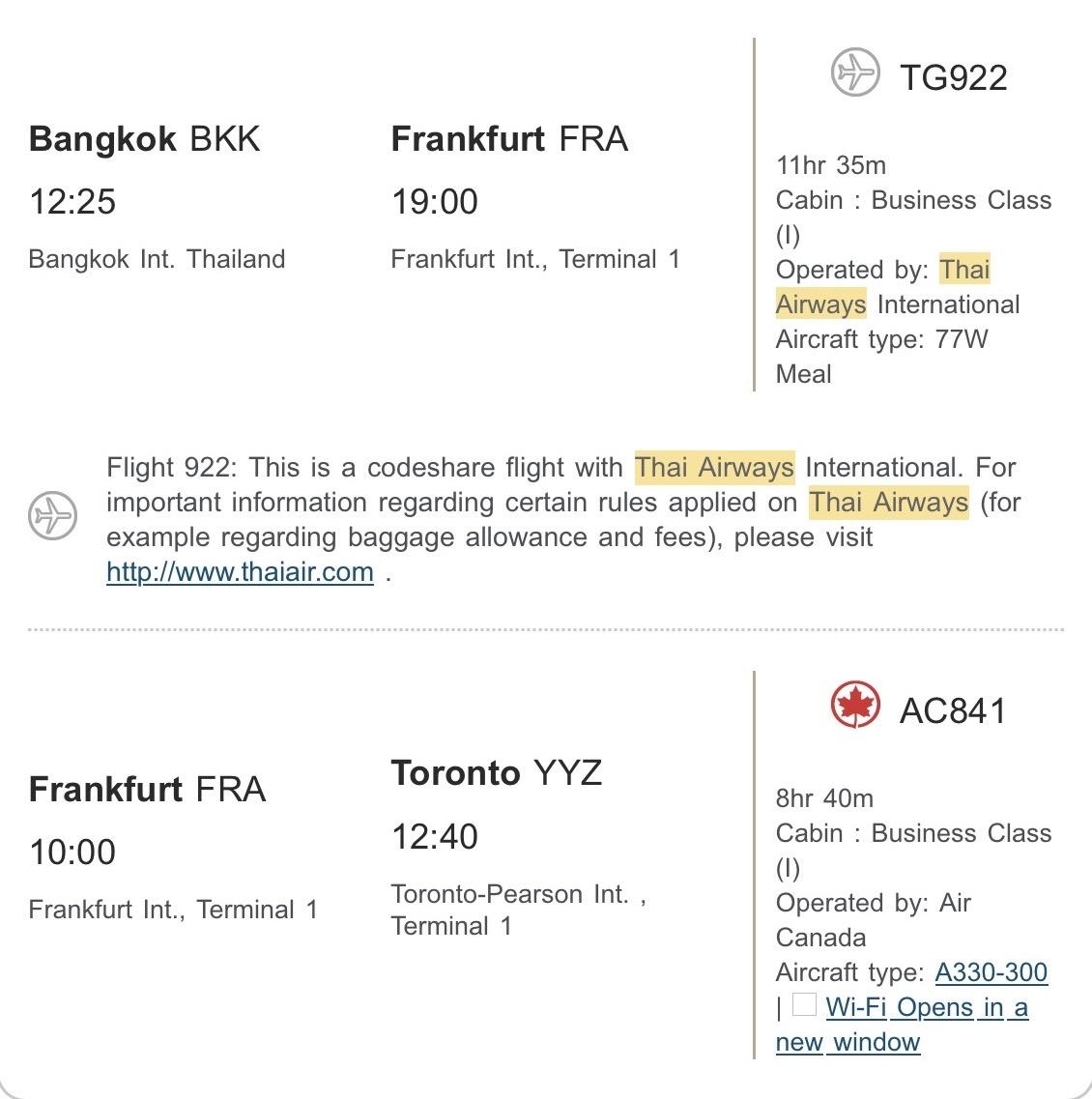 Bangkok to Toronto business class booking via Aeroplan