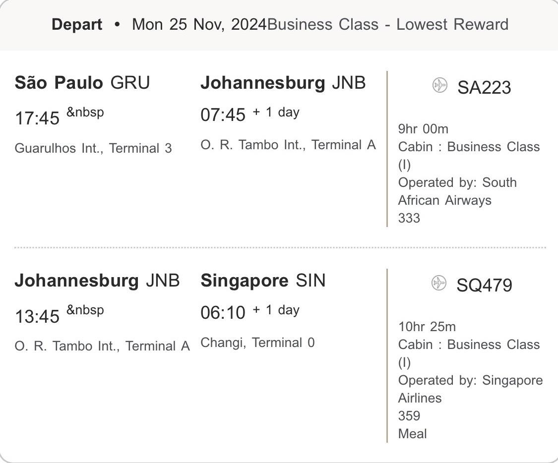São Paulo to Singapore business class booking via Aeroplan