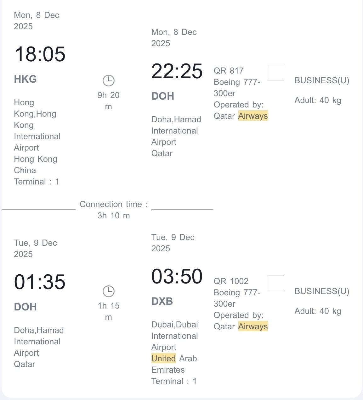 Hong Kong to Dubai business class booking via Qatar Avios