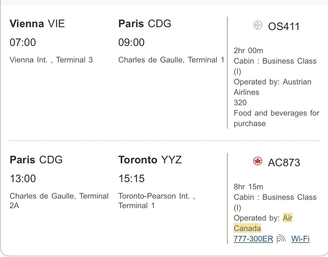 Vienna to Toronto business class booking